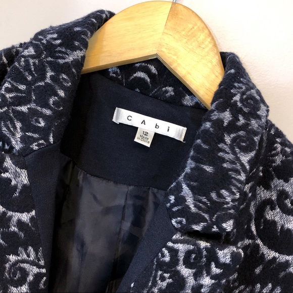 Blazer Coat Jacket Cabi Navy Blue Wool Print Work Women's Ladies 12 Long Sleeve - Picture 2 of 7